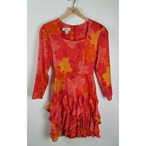 Vintage Gillian Women's Sz. 4 100% Silk Orange/Yellow Floral L/S Ruffle Dress